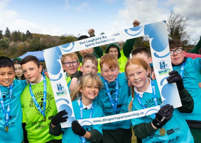 7th April 2022 - Fernhill Park, Sandyford. Students from St John's National School, Ballybrack enjoying their Marathonkids Ireland activity with a run around the new track and grounds at Fernhill Park under the supervision of Dun Laoghaire-Rathdown Sports Partnership.