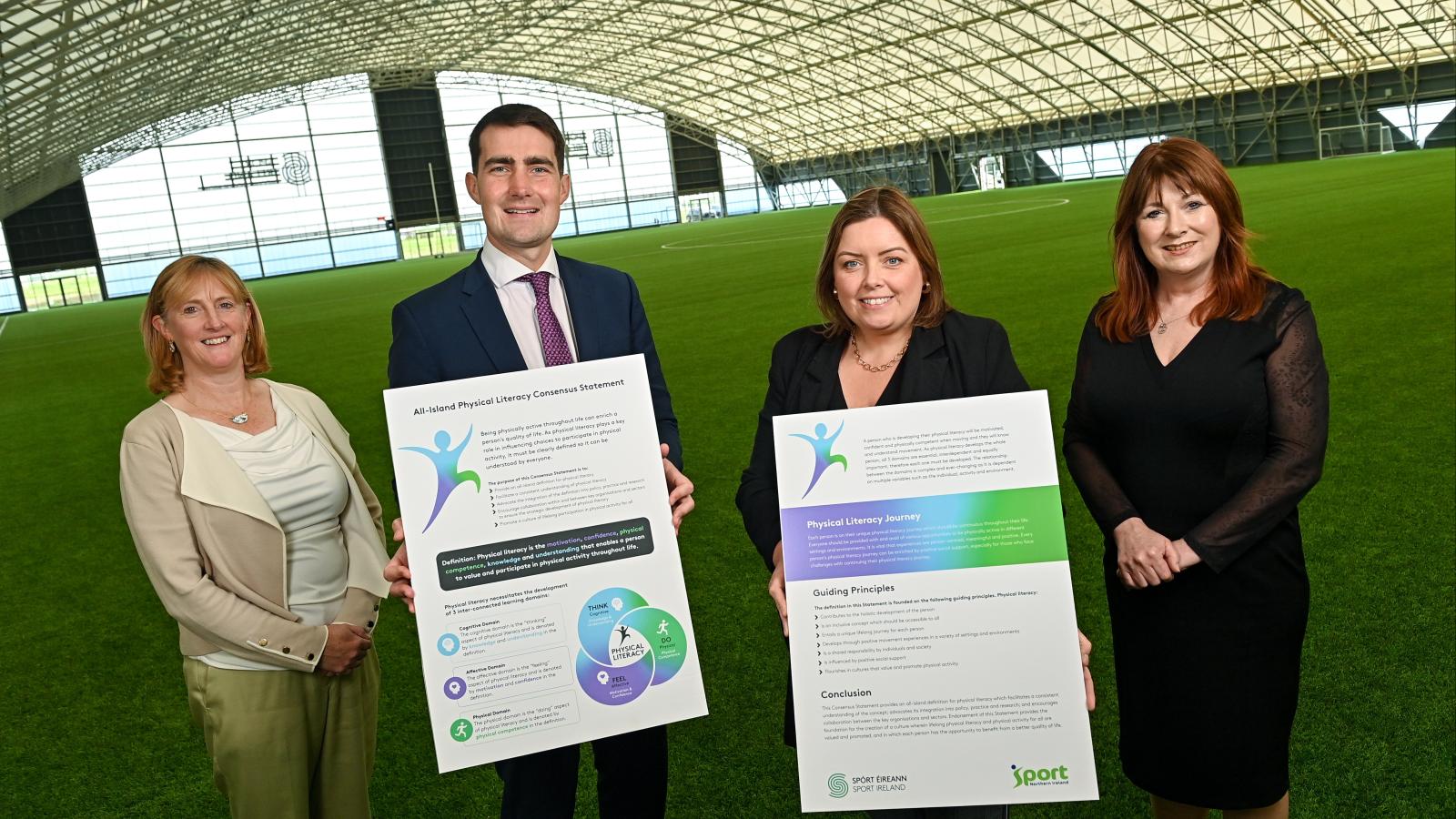 Una May, Jack Chambers, Deirdre Hargey and Antoinette McKeown with the physical literacy statement at Sport Ireland HQ.