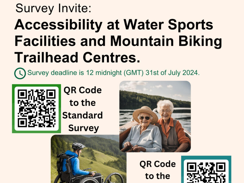 The image shows O’Herlihy Access Consultancy and Fáilte Ireland logos. It is in relation to a national survey about accessible water and mountain biking activities and centres. There are QR codes for both the standard and easy-to-read surveys. The information on the image is also contained in the blurb below.