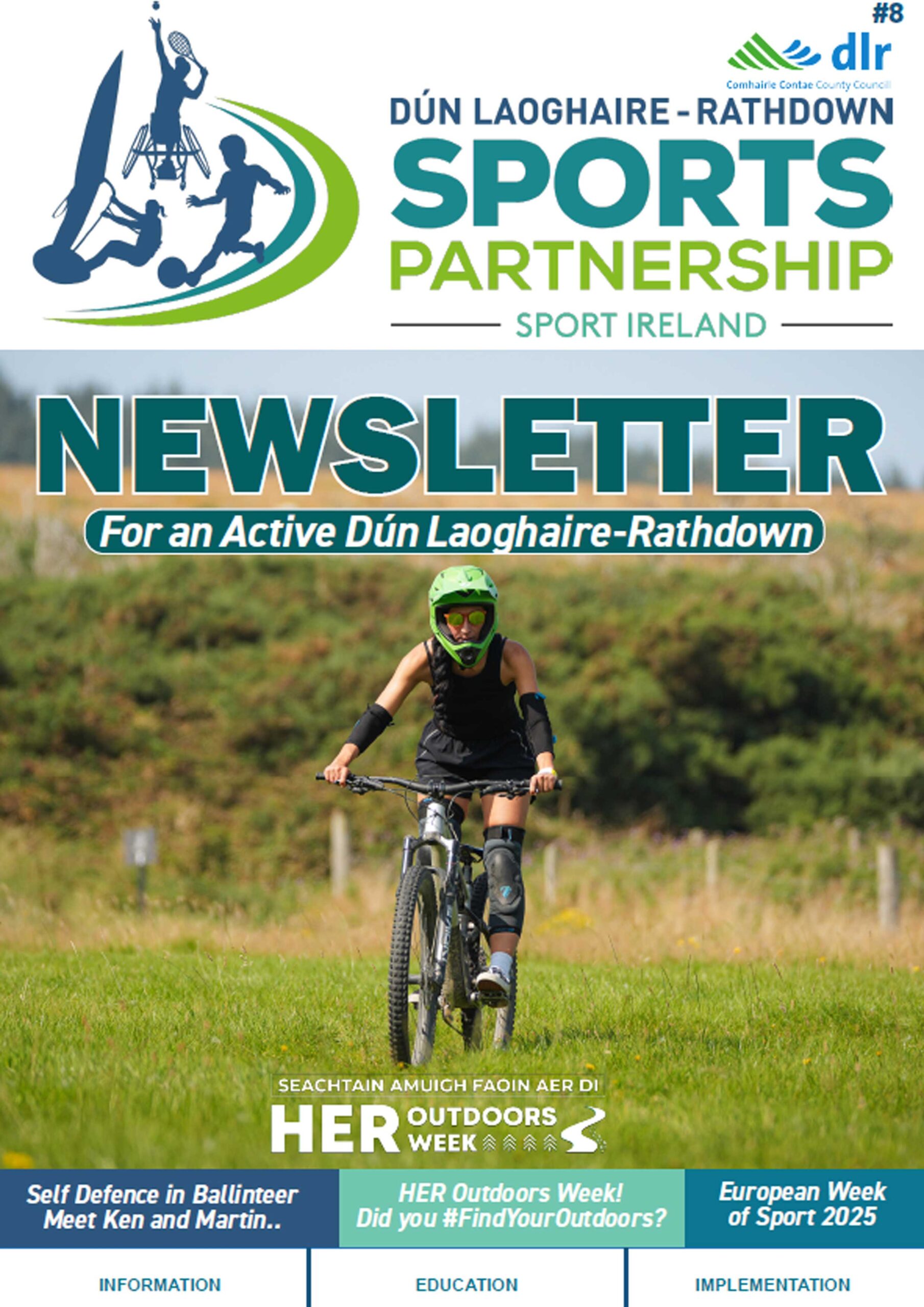 Dún Laoghaire - Rathdown Sports Partnership 8th Newsletter. Picture of a women on a mountain bike front cover