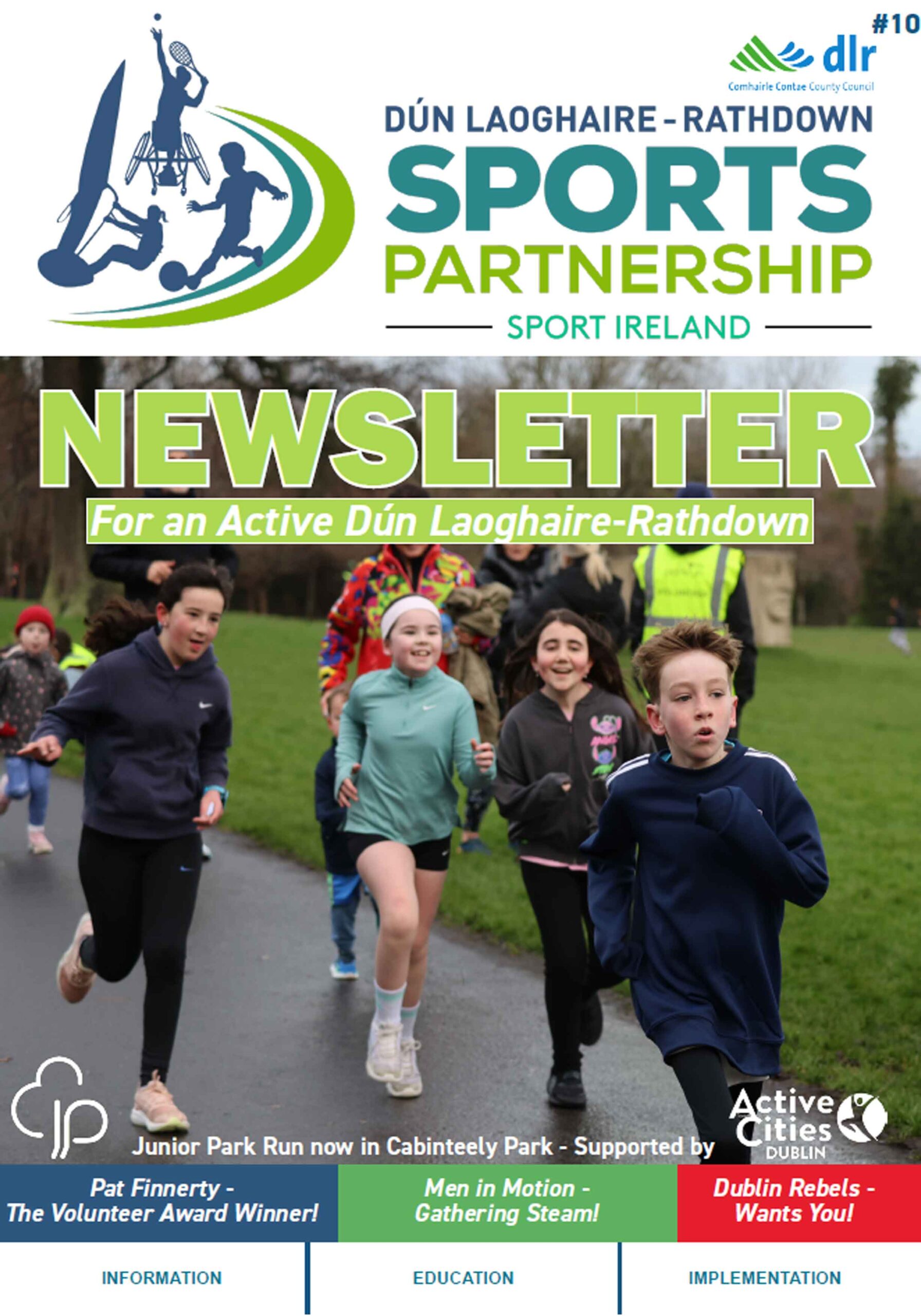 Cover of the 10th edition of the DLR Sports Partnership Newsletter - Kids jogging in a park on the cover.